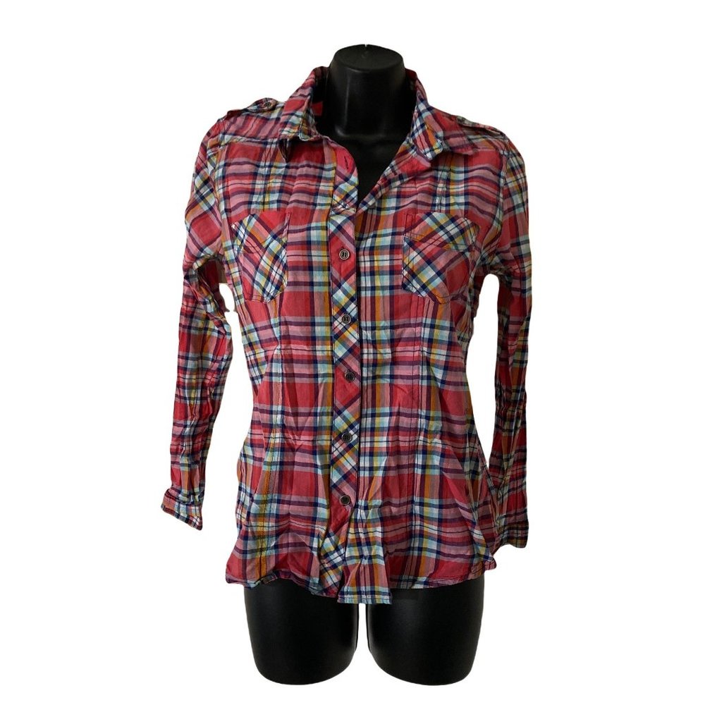Ultra flirt Plaid button up shirt  L Pink  Plaid 100% cotton